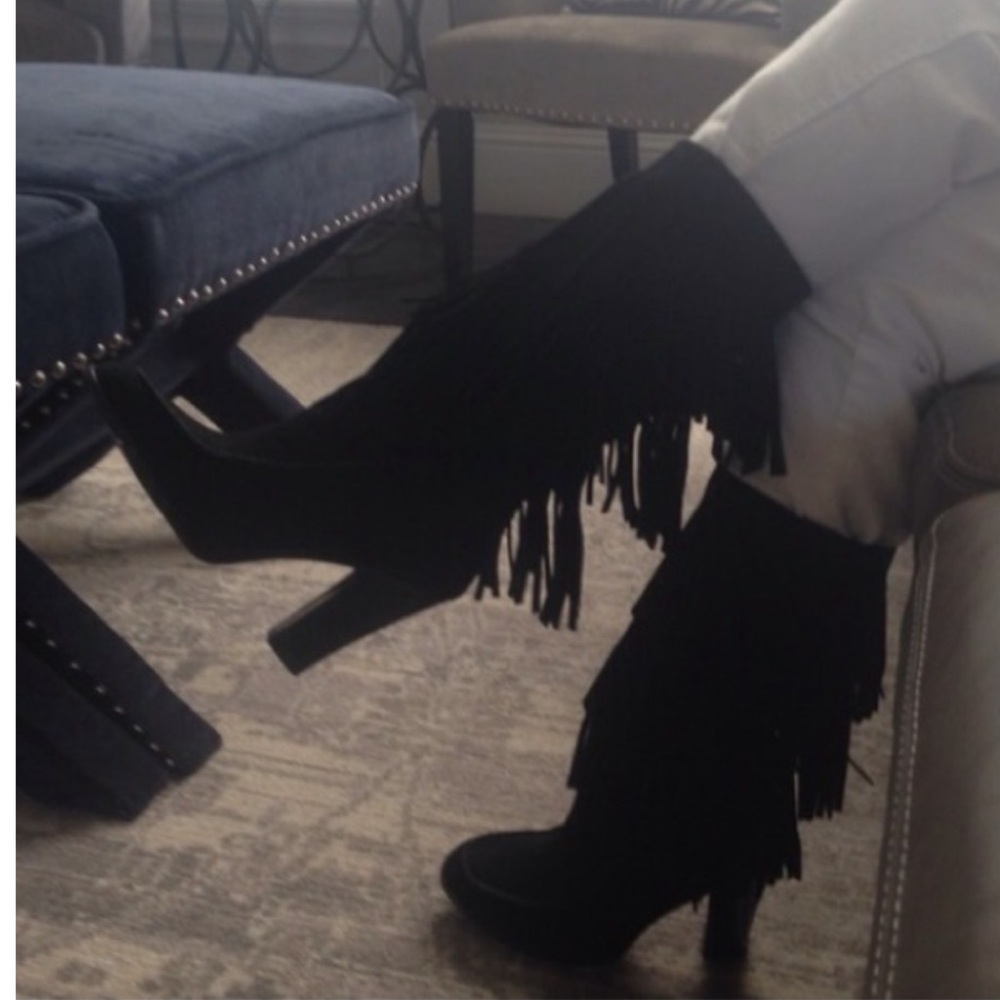 Lauren Ralph Lauren black suede fringe knee heeled boots 7 - Picture 5 of 7